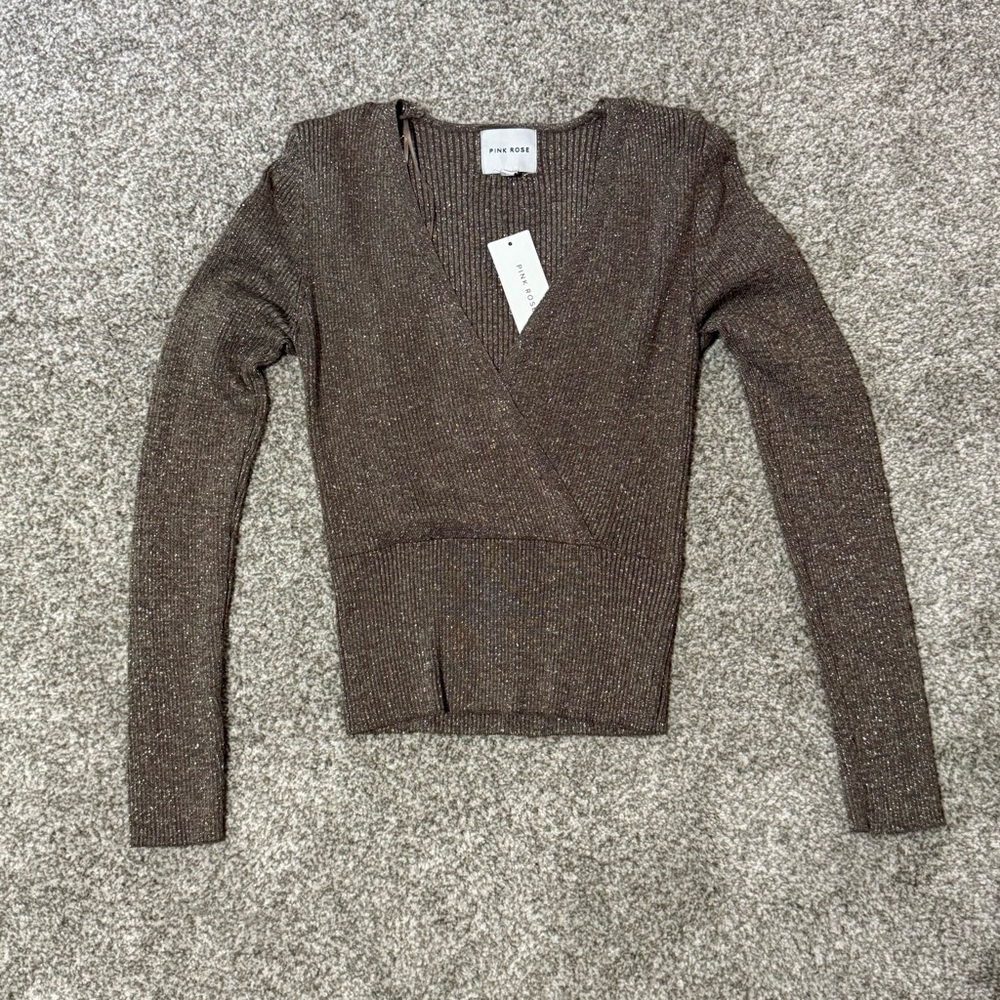 Pink Rose Shimmering Brown V-Neck Sweater - NWT